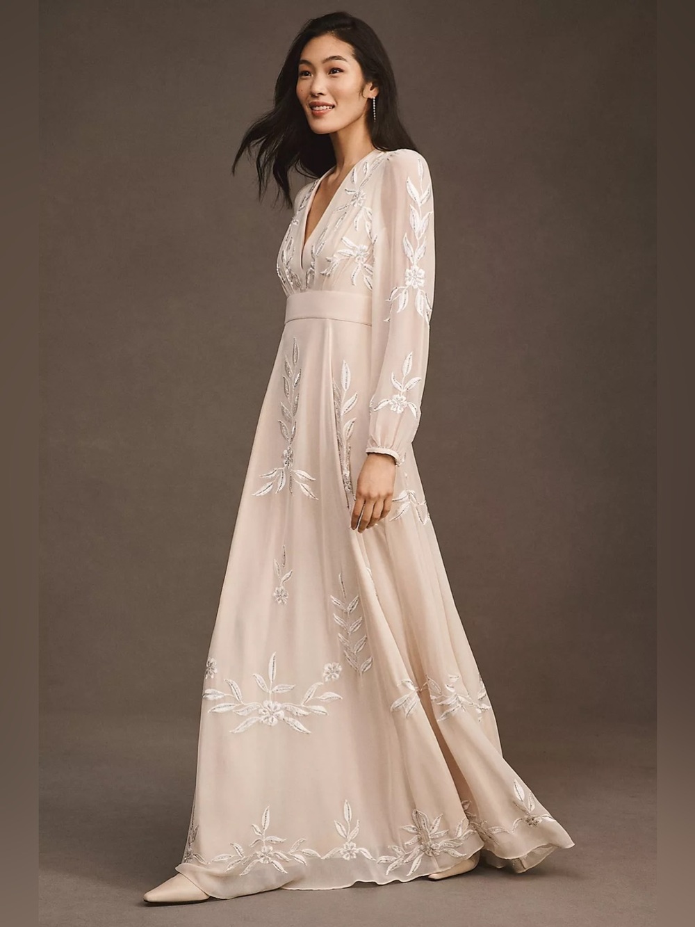 BHLDN Belize Embroidered A-Line Long-Sleeve V-Neck Gown - Picture 2 of 14